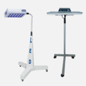 Neonatal phototherapy unit with baby cradle and fluorescent therapy lights