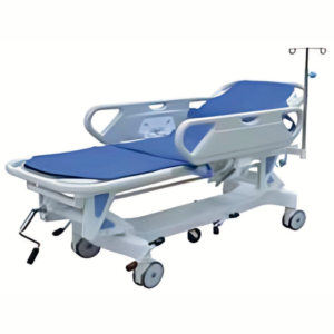 Adjustable patient transfer trolley with side rails and locking castors